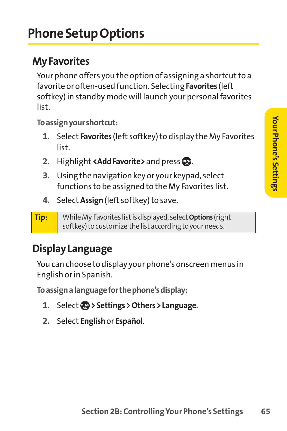 Phone setup options, My favorites, Display language | Sprint Nextel SprintVision Katana 2 User Manual | Page 81 / 236