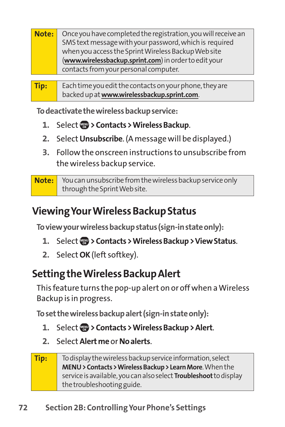 Viewing your wireless backup status, Setting the wireless backup alert | Sprint Nextel SprintVision Katana 2 User Manual | Page 88 / 236