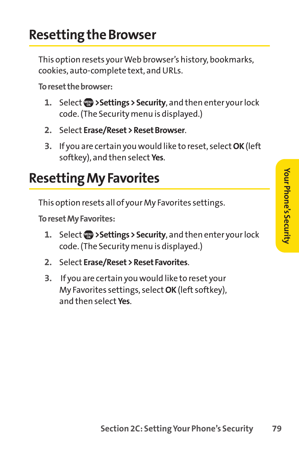 Resetting the browser, Resetting my favorites, Resetting the browser resetting my favorites | Sprint Nextel SprintVision Katana 2 User Manual | Page 95 / 236