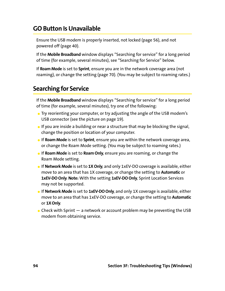 Go button is unavailable, Searching for service, Go button is unavailable searching for service | Sprint Nextel 595U User Manual | Page 102 / 178