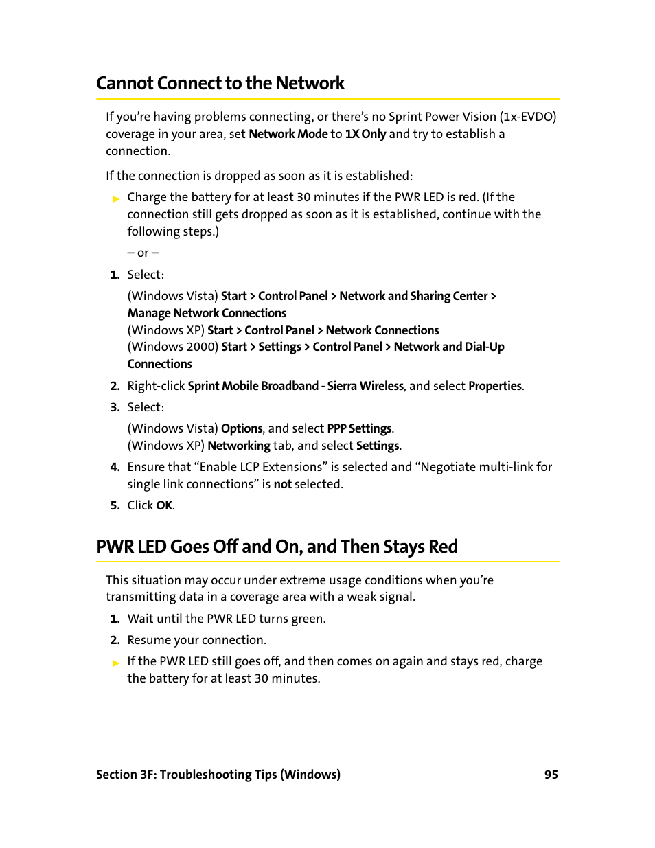 Cannot connect to the network, Pwr led goes off and on, and then stays red | Sprint Nextel 595U User Manual | Page 103 / 178