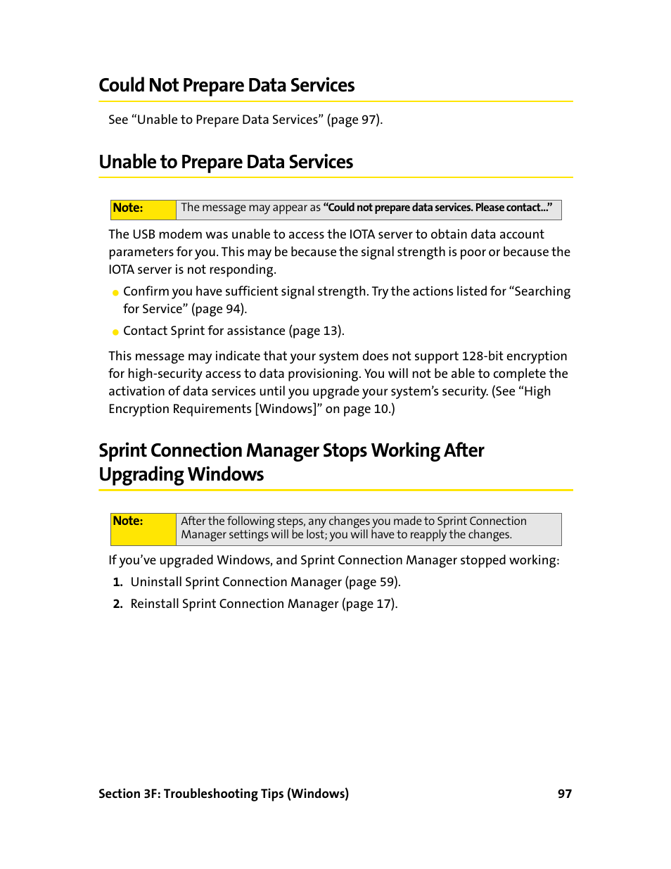 Could not prepare data services, Unable to prepare data services | Sprint Nextel 595U User Manual | Page 105 / 178