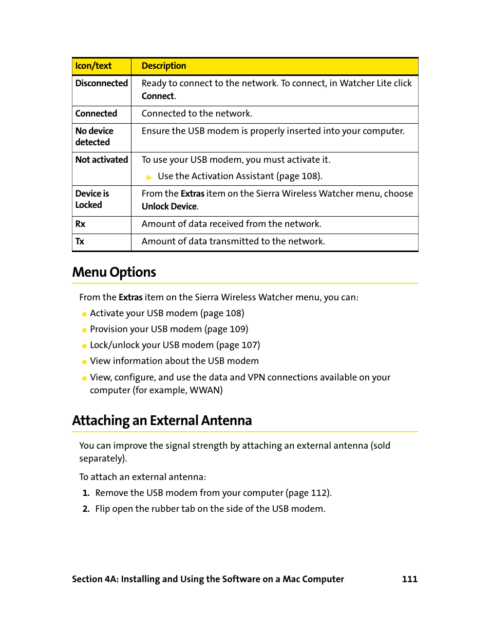 Menu options, Attaching an external antenna, Menu options attaching an external antenna | Sprint Nextel 595U User Manual | Page 119 / 178