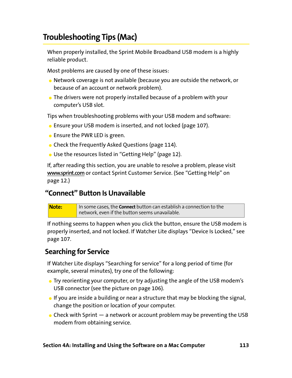 Troubleshooting tips (mac), Connect” button is unavailable, Searching for service | Sprint Nextel 595U User Manual | Page 121 / 178