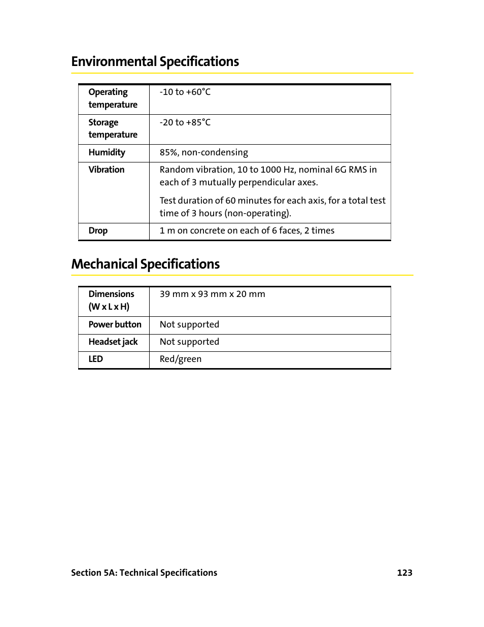 Environmental specifications, Mechanical specifications | Sprint Nextel 595U User Manual | Page 131 / 178