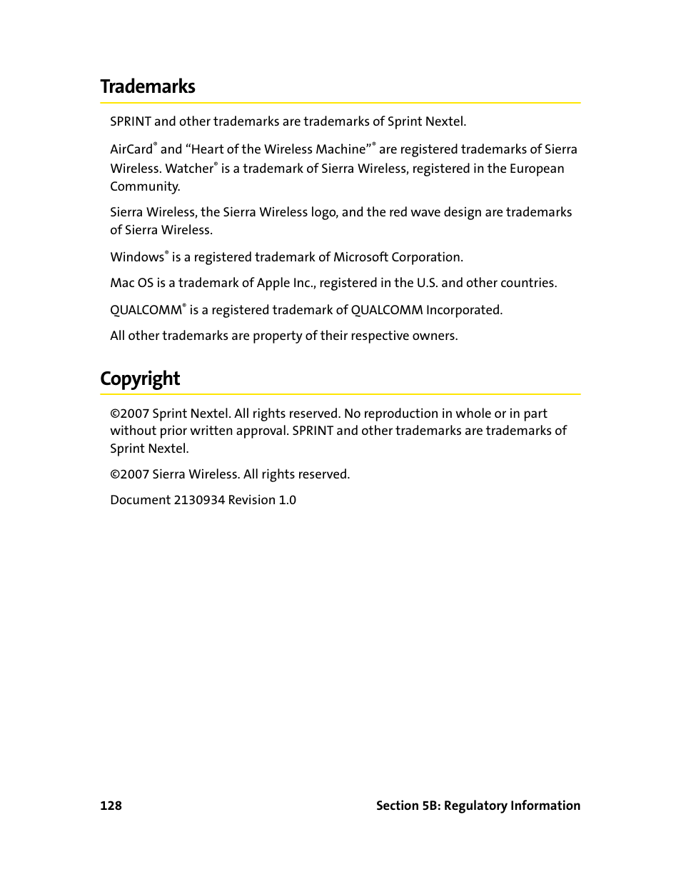 Trademarks, Copyright, Trademarks copyright | Sprint Nextel 595U User Manual | Page 136 / 178