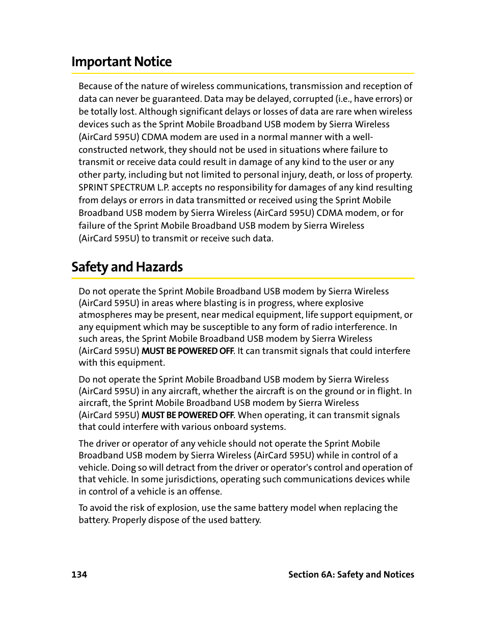 Important notice, Safety and hazards, Important notice safety and hazards | Sprint Nextel 595U User Manual | Page 142 / 178