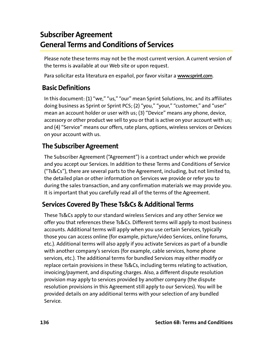 Basic definitions, The subscriber agreement, Services covered by these ts&cs & additional terms | Sprint Nextel 595U User Manual | Page 144 / 178