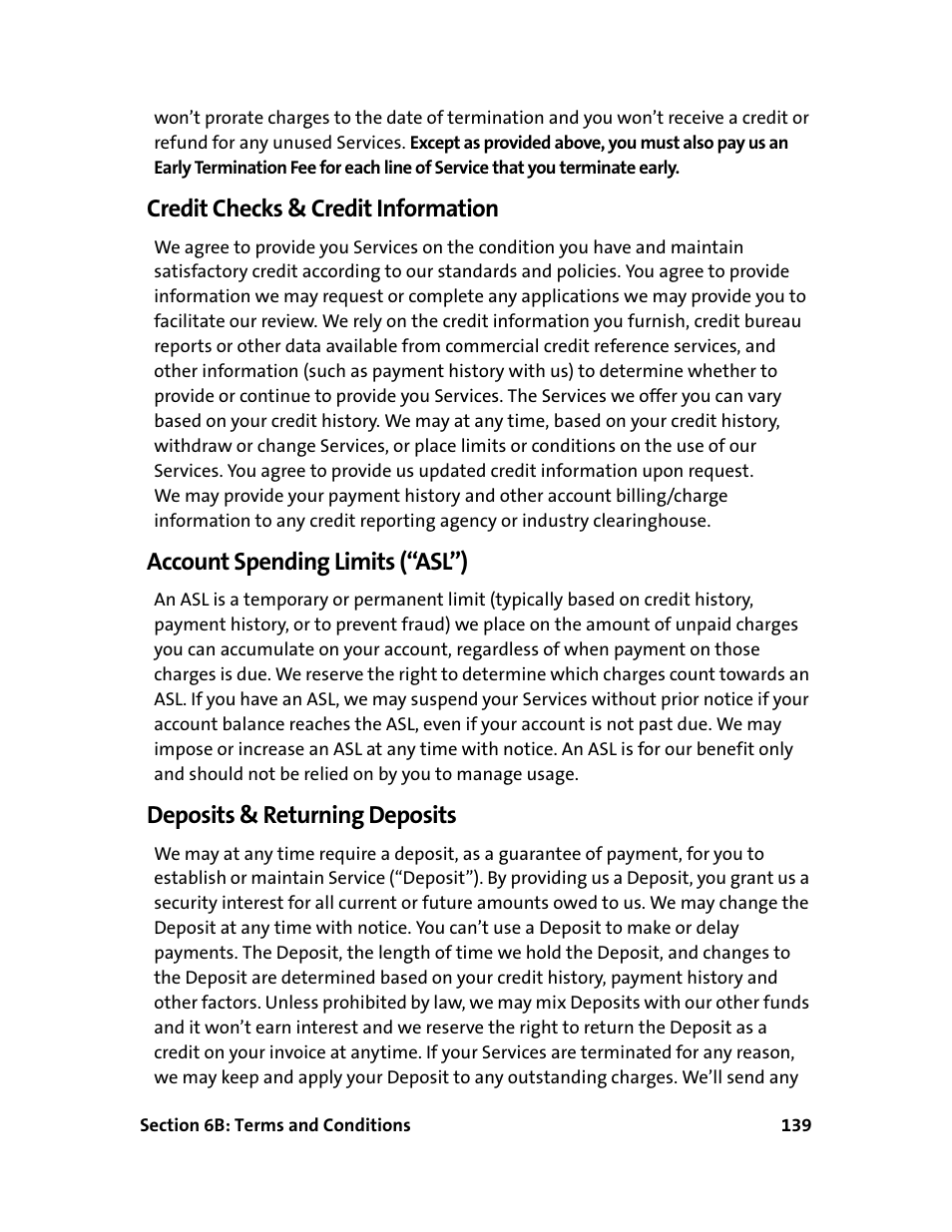 Credit checks & credit information, Account spending limits (“asl”), Deposits & returning deposits | Sprint Nextel 595U User Manual | Page 147 / 178