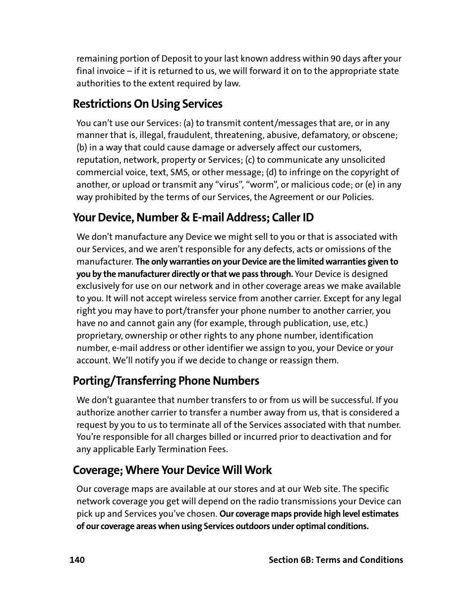Restrictions on using services, Your device, number & e-mail address; caller id, Porting/transferring phone numbers | Coverage; where your device will work | Sprint Nextel 595U User Manual | Page 148 / 178