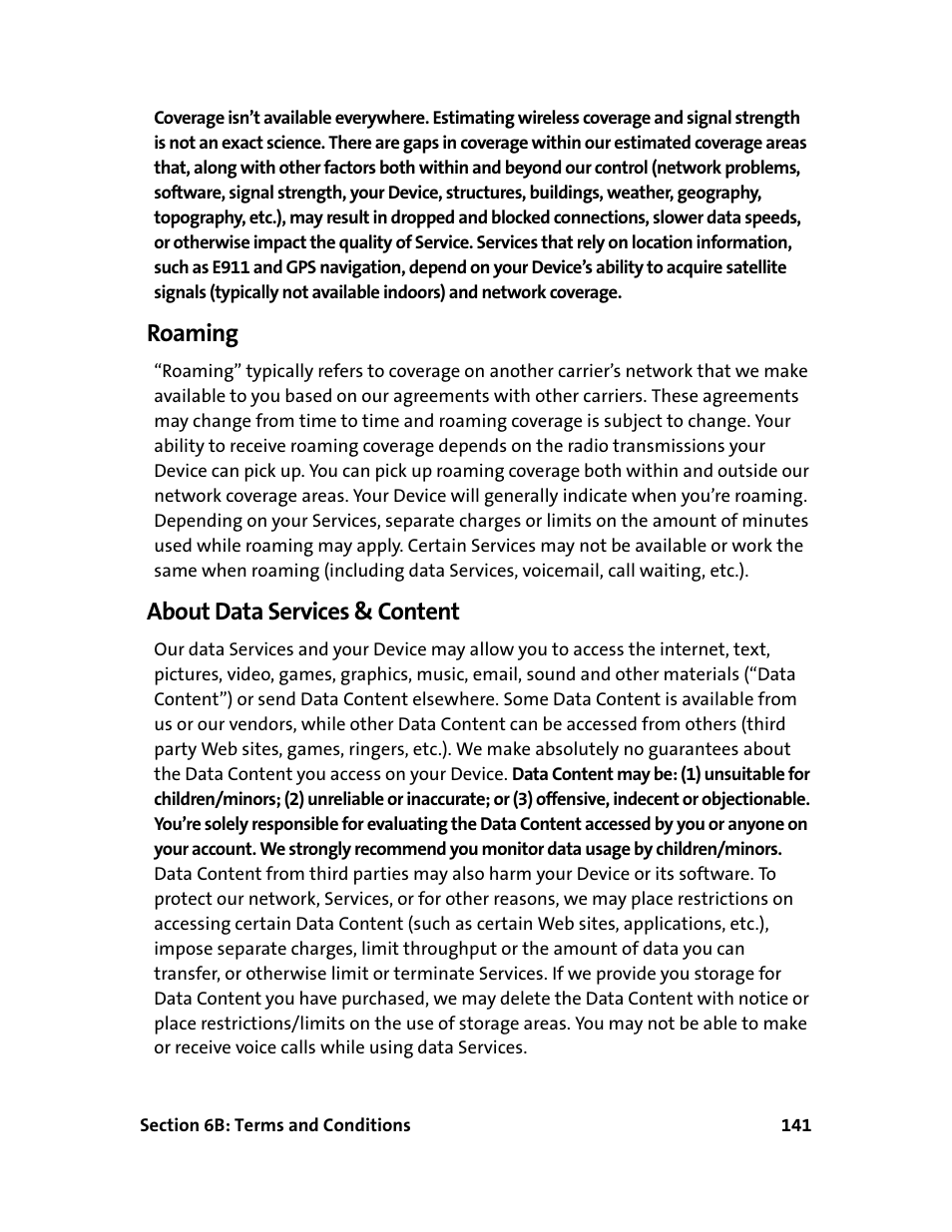 Roaming, About data services & content | Sprint Nextel 595U User Manual | Page 149 / 178