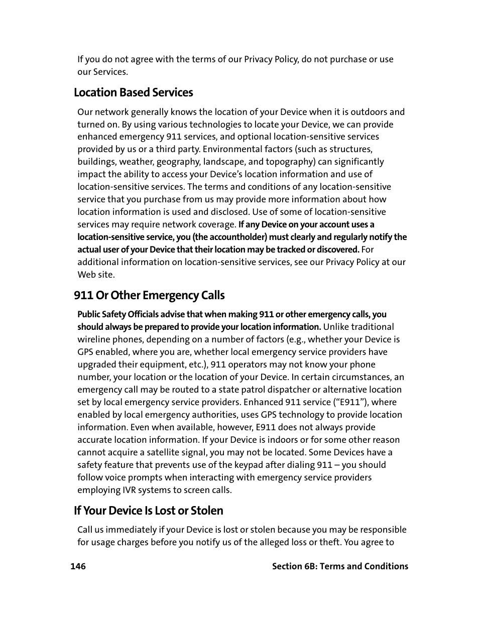 Location based services, 911 or other emergency calls, If your device is lost or stolen | Sprint Nextel 595U User Manual | Page 154 / 178