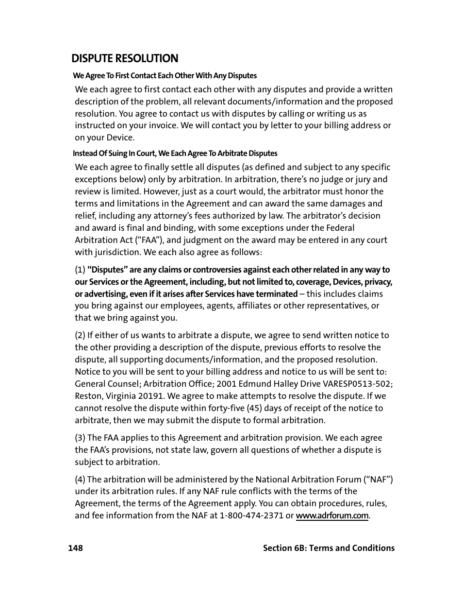 Dispute resolution | Sprint Nextel 595U User Manual | Page 156 / 178
