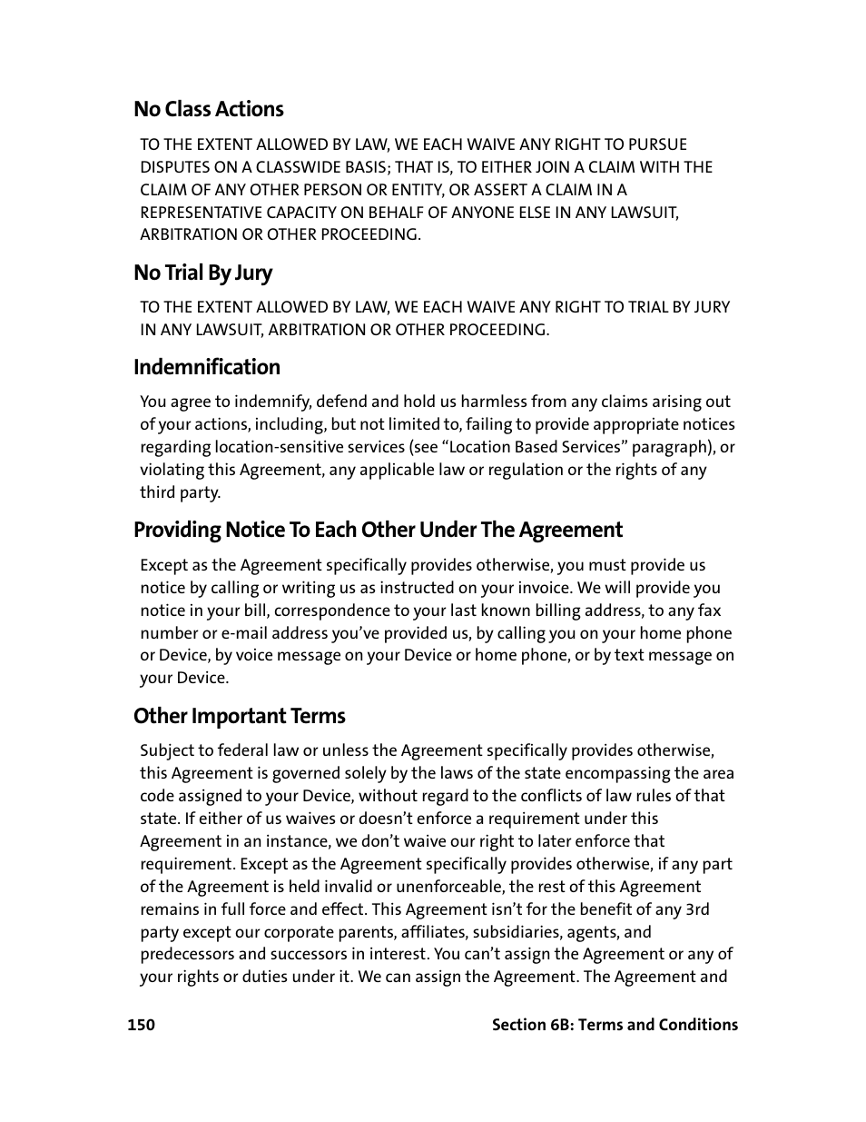 No class actions, No trial by jury, Indemnification | Providing notice to each other under the agreement, Other important terms | Sprint Nextel 595U User Manual | Page 158 / 178