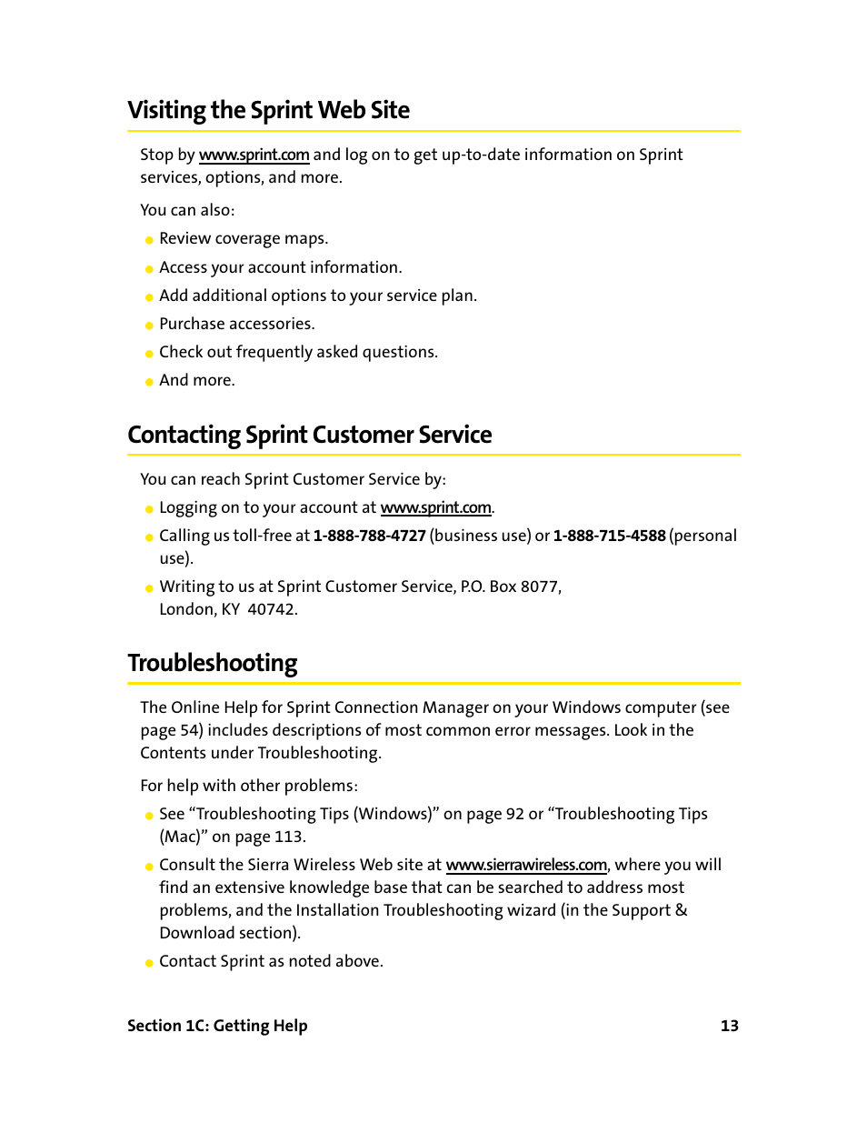 Visiting the sprint web site, Contacting sprint customer service, Troubleshooting | Sprint Nextel 595U User Manual | Page 21 / 178