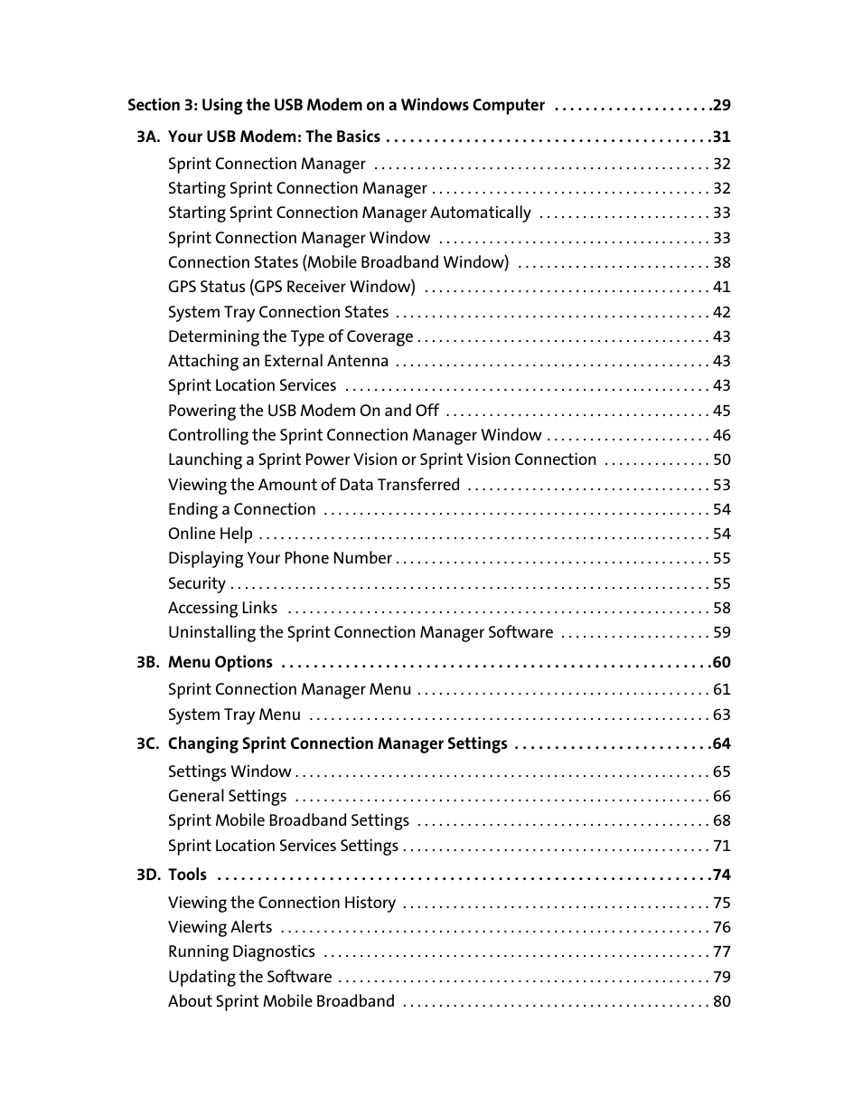 3a. your usb modem: thebasics 31, 3b. menu options 60, 3c. changing sprintconnectionmanager settings 64 | 3d. tools 74 | Sprint Nextel 595U User Manual | Page 3 / 178