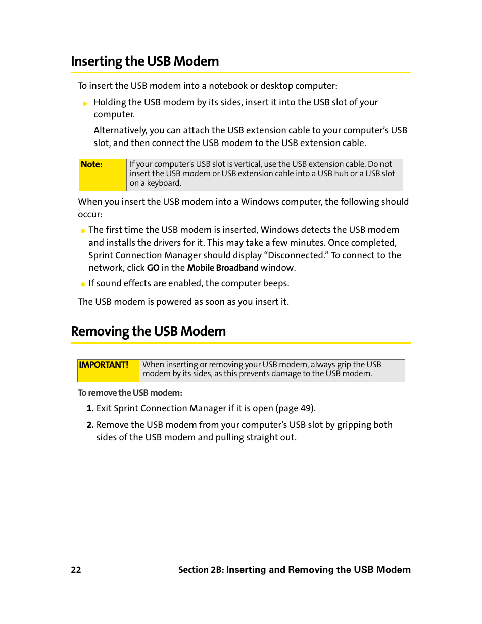 Inserting the usb modem, Removing the usb modem, Inserting the usb modem removing the usb modem | Sprint Nextel 595U User Manual | Page 30 / 178