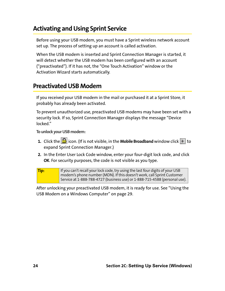 Activating and using sprint service, Preactivated usb modem | Sprint Nextel 595U User Manual | Page 32 / 178
