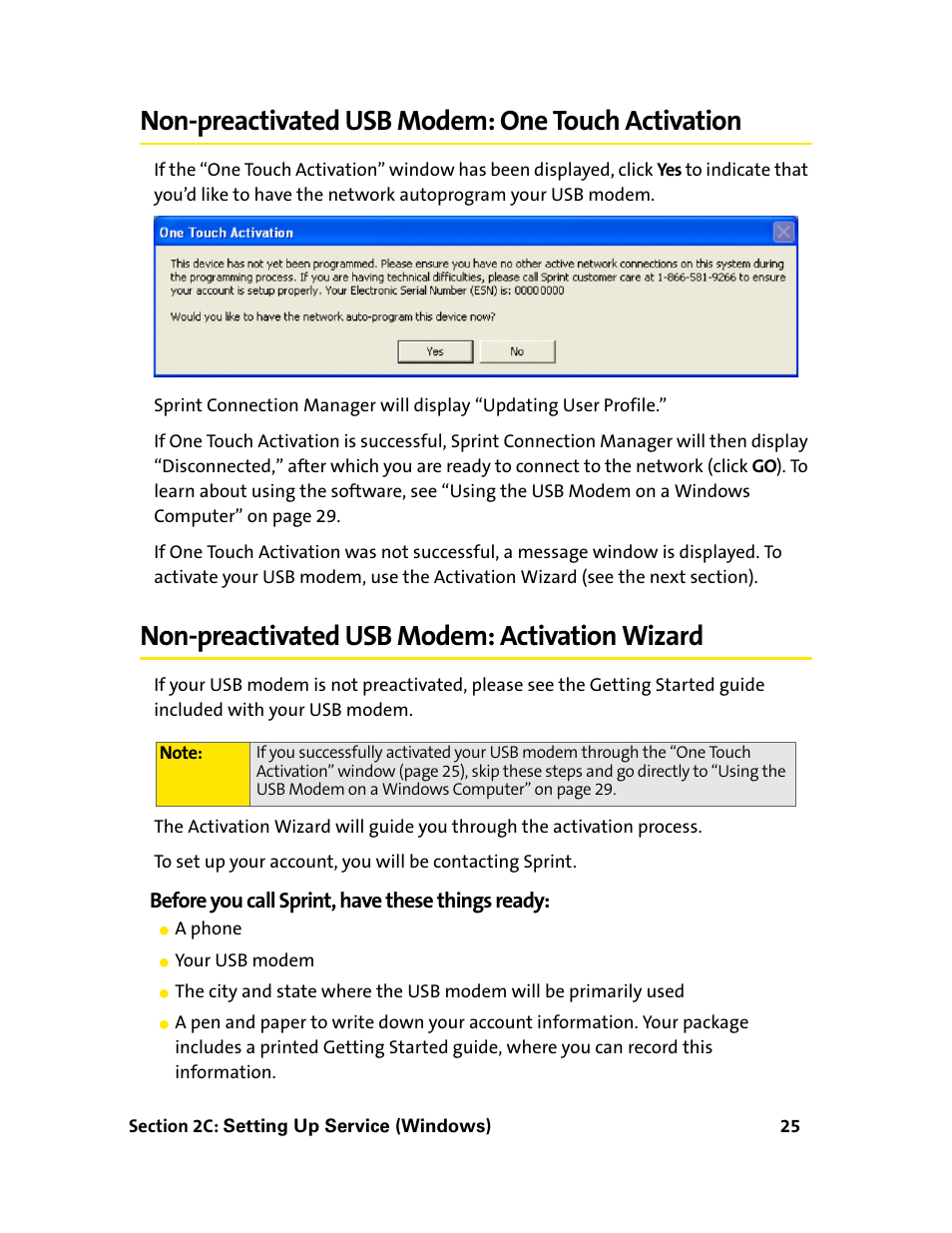 Non-preactivated usb modem: one touch activation, Non-preactivated usb modem: activation wizard, Before you call sprint, have these things ready | Sprint Nextel 595U User Manual | Page 33 / 178