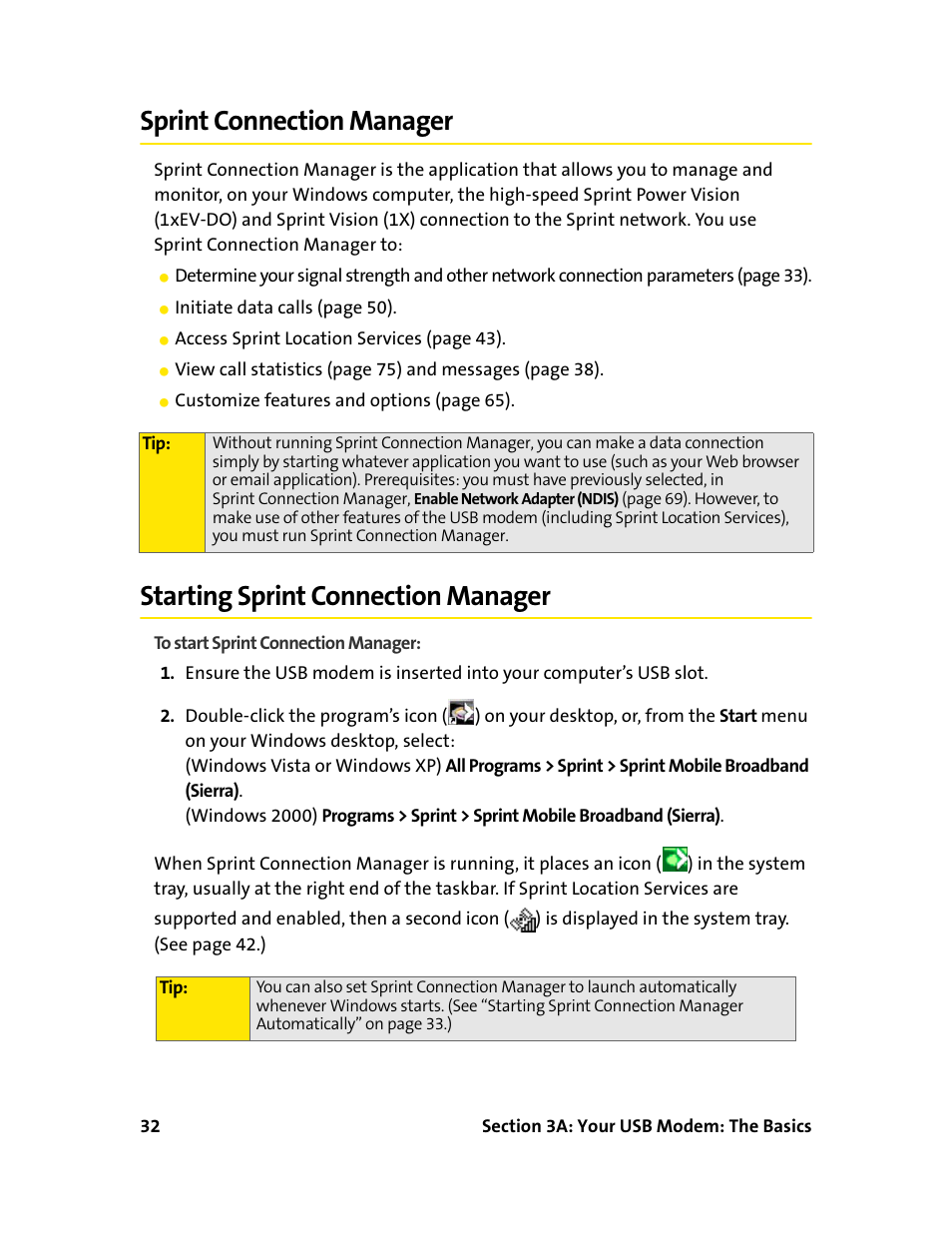 Sprintconnection manager, Starting sprintconnection manager, Sprint connection manager | Starting sprint connection manager | Sprint Nextel 595U User Manual | Page 40 / 178