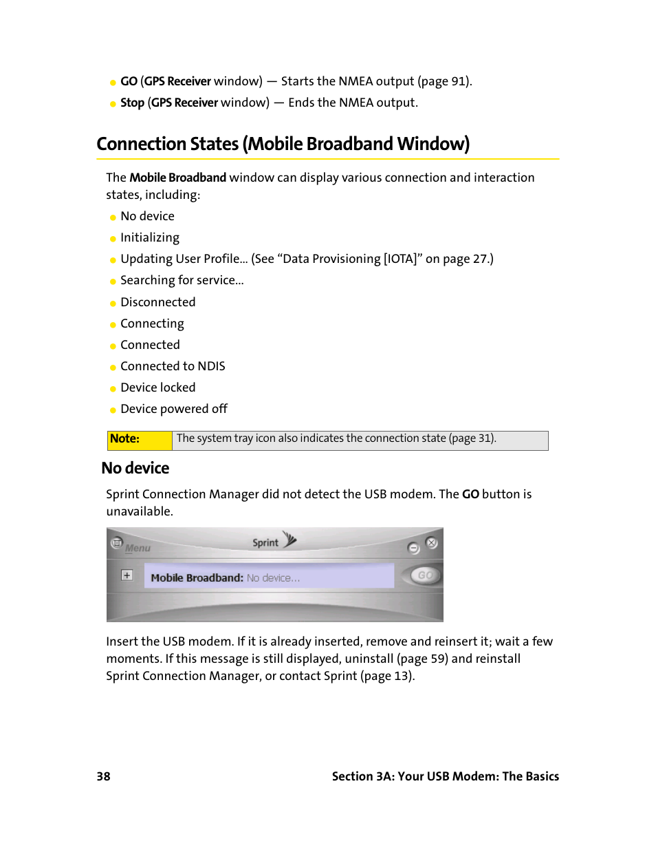 Connection states (mobile broadband window), No device | Sprint Nextel 595U User Manual | Page 46 / 178