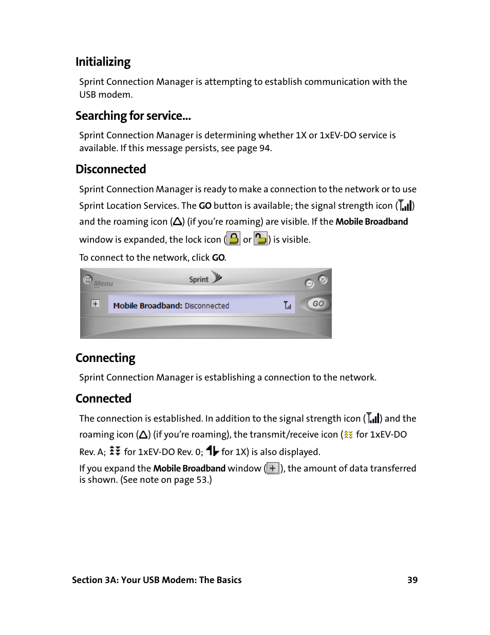 Initializing, Searching for service, Disconnected | Connecting, Connected | Sprint Nextel 595U User Manual | Page 47 / 178