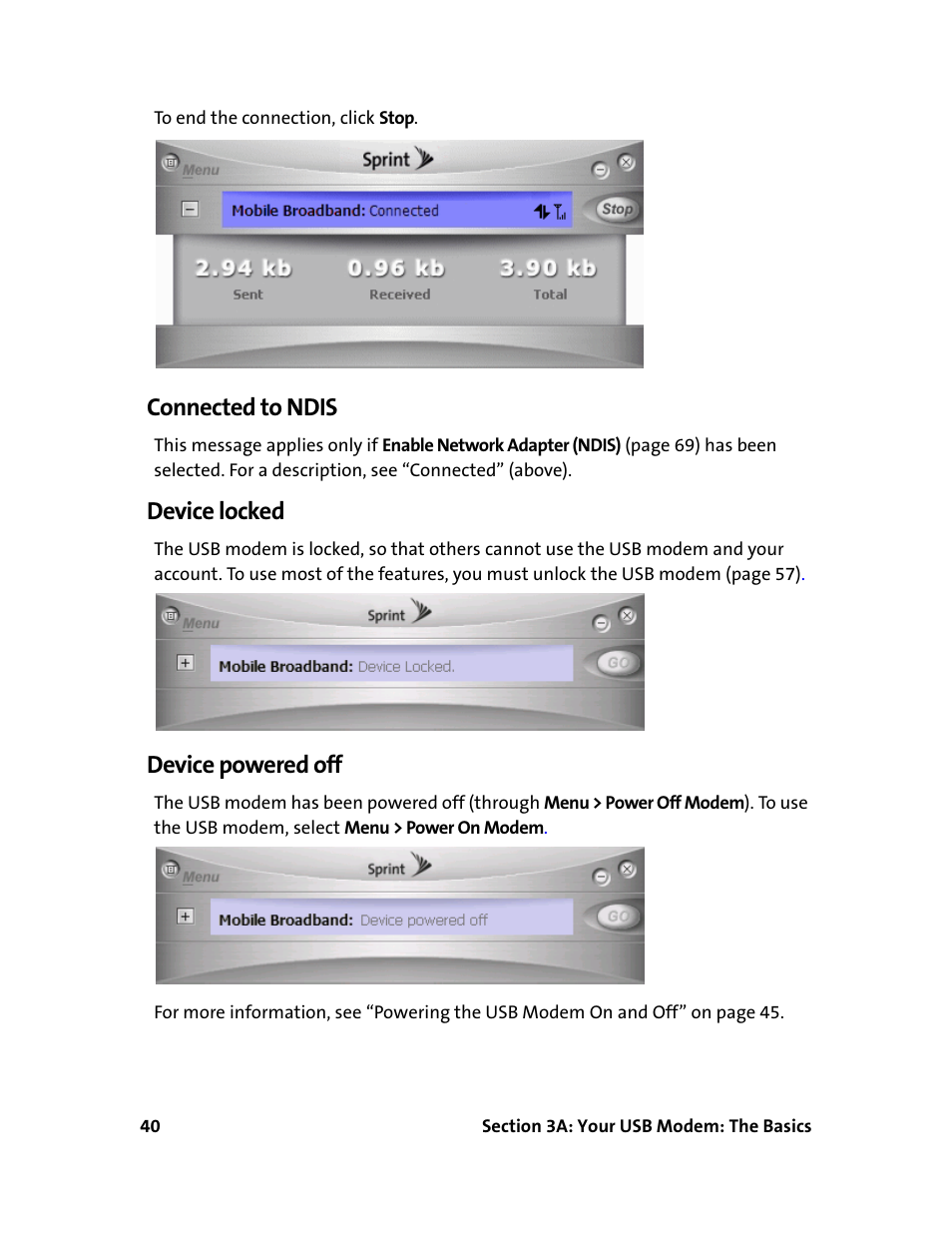 Connected to ndis, Device locked, Device powered off | Sprint Nextel 595U User Manual | Page 48 / 178
