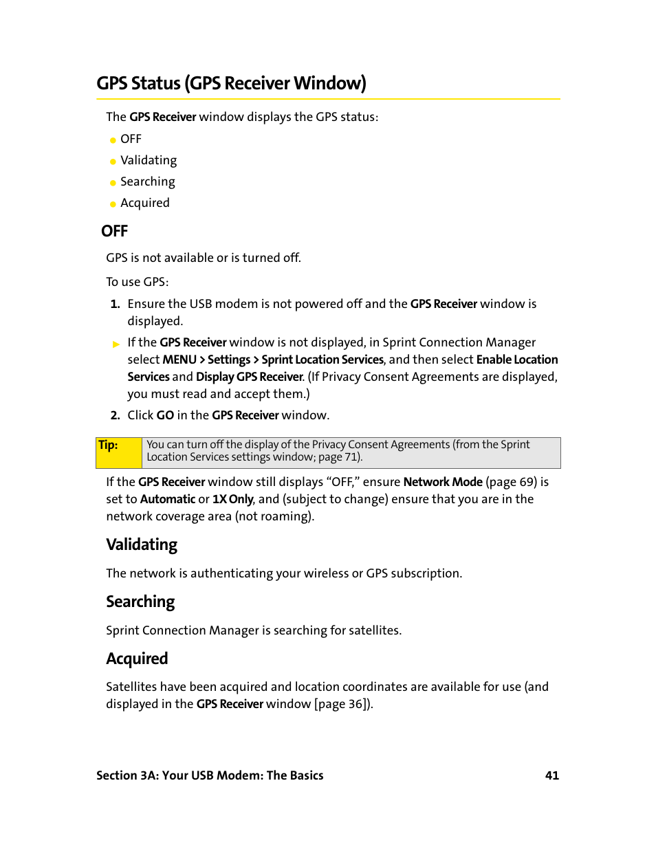Gps status (gps receiver window), Validating, Searching | Acquired | Sprint Nextel 595U User Manual | Page 49 / 178