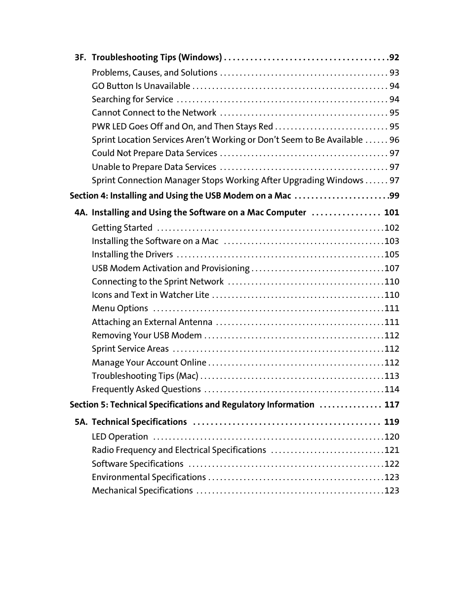 3f. troubleshooting tips (windows) 92, 5a. technical specifications 119 | Sprint Nextel 595U User Manual | Page 5 / 178