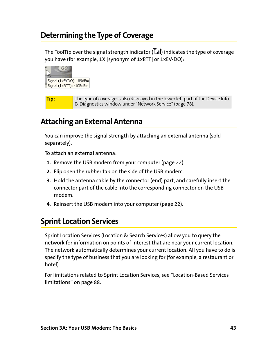 Determining the type of coverage, Attaching an external antenna, Sprintlocation services | Sprint location services | Sprint Nextel 595U User Manual | Page 51 / 178