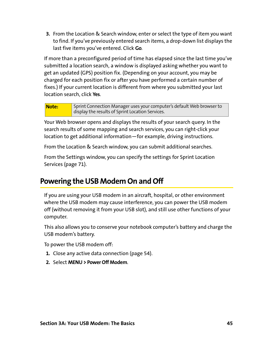 Powering the usb modem on and off | Sprint Nextel 595U User Manual | Page 53 / 178