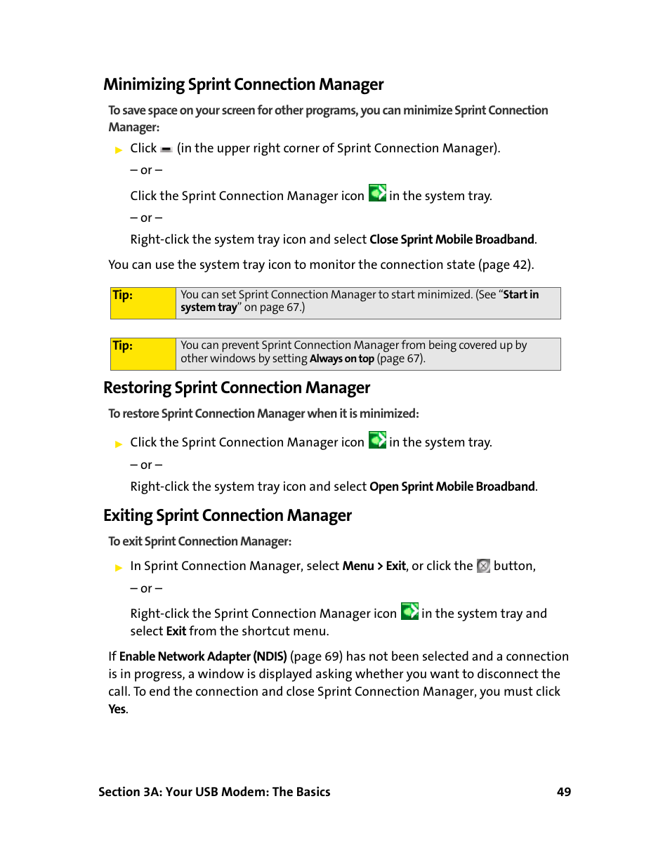 Minimizing sprintconnection manager, Restoring sprintconnection manager, Exiting sprintconnection manager | Minimizing sprint connection manager, Restoring sprint connection manager, Exiting sprint connection manager | Sprint Nextel 595U User Manual | Page 57 / 178
