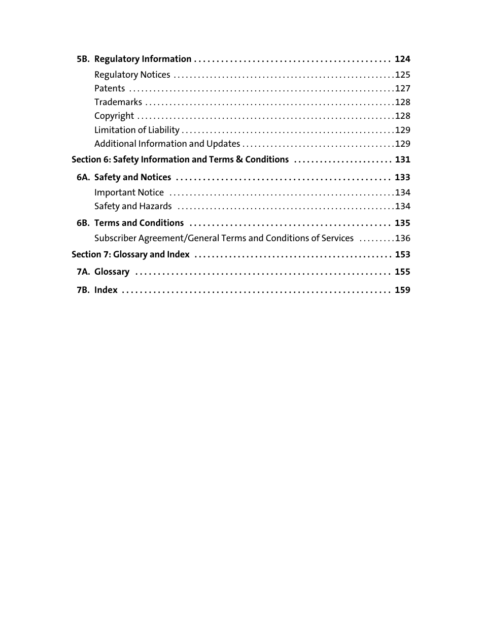 5b. regulatory information 124, 6a. safety and notices 133, 6b. terms and conditions 135 | Section 7: glossary and index 153, 7a. glossary 155, 7b. index 159 | Sprint Nextel 595U User Manual | Page 6 / 178