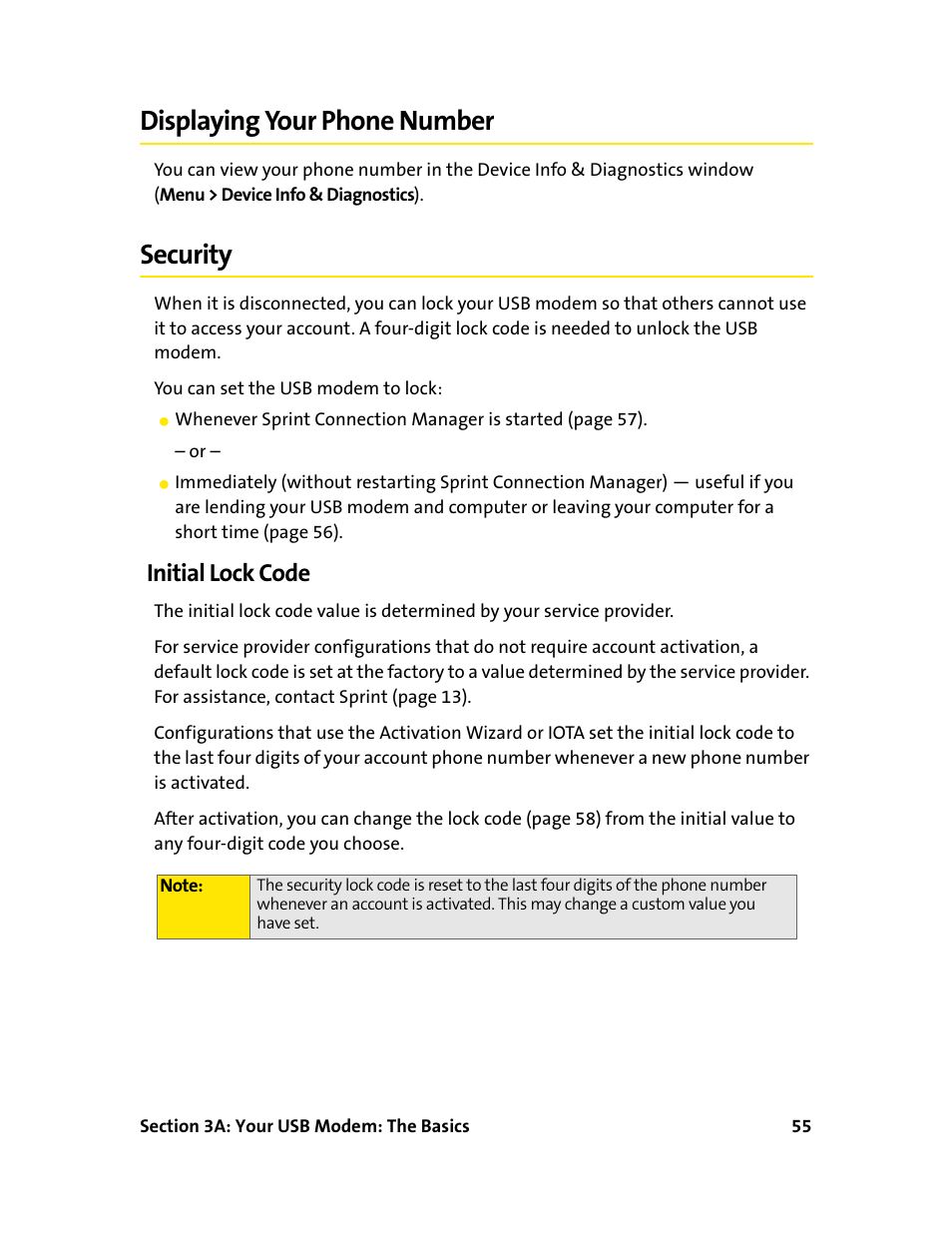 Displaying your phone number, Security, Initial lock code | Displaying your phone number security | Sprint Nextel 595U User Manual | Page 63 / 178