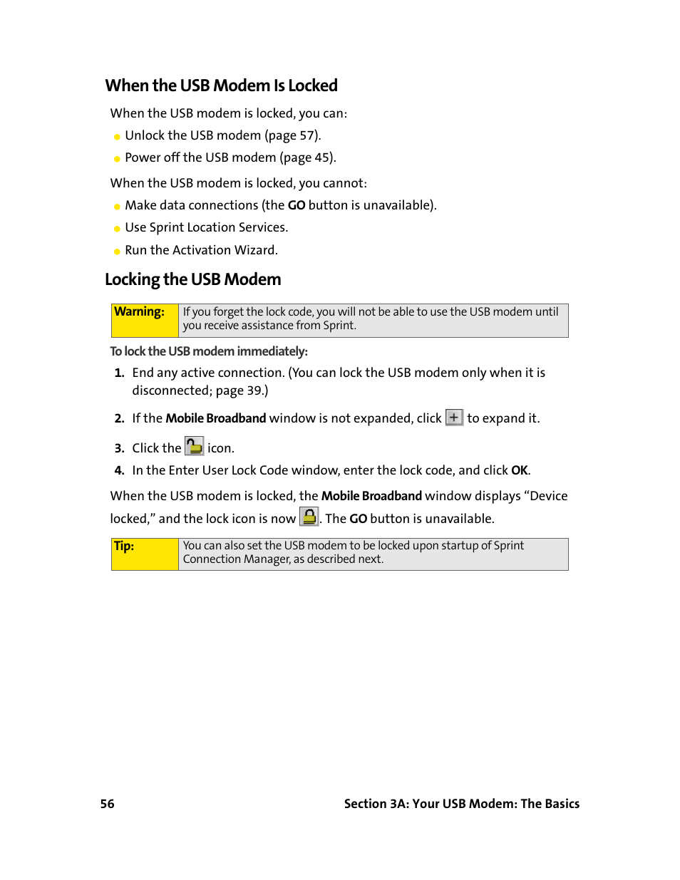 When the usb modem is locked, Locking the usb modem | Sprint Nextel 595U User Manual | Page 64 / 178