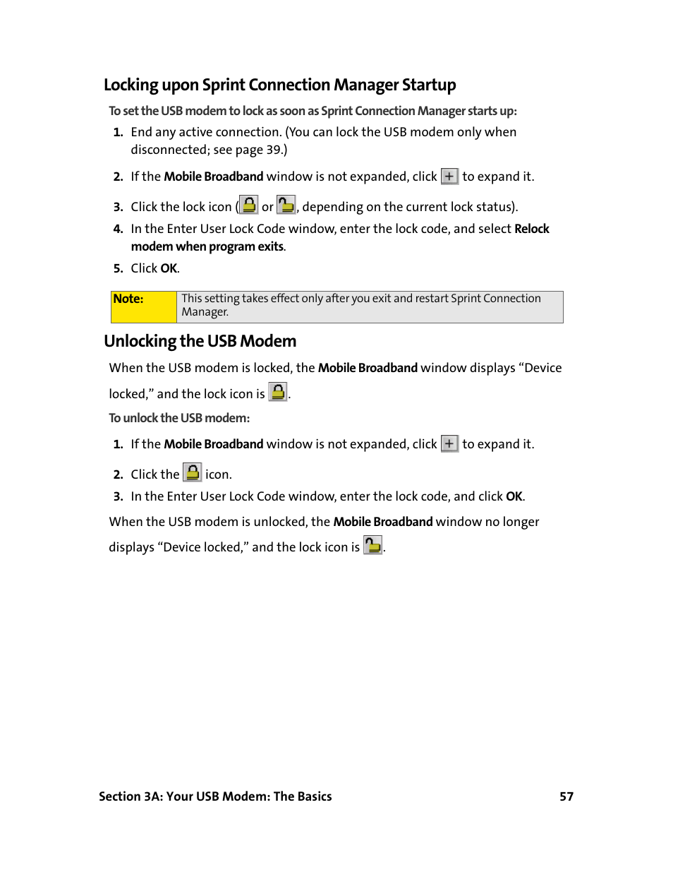 Locking upon sprintconnection manager startup, Unlocking the usb modem, Locking upon sprint connection manager startup | Sprint Nextel 595U User Manual | Page 65 / 178