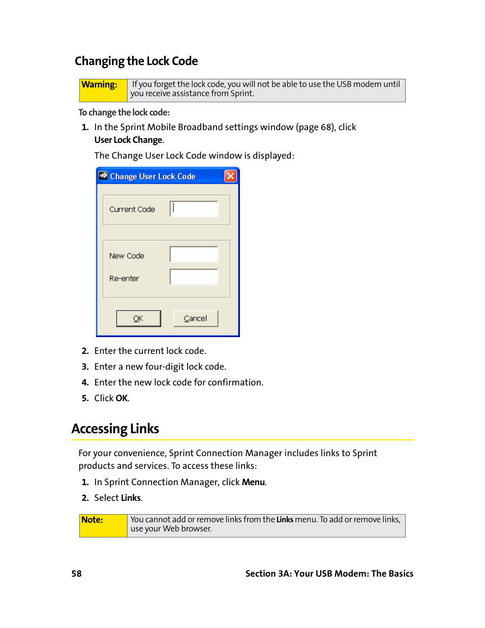 Changing the lock code, Accessing links | Sprint Nextel 595U User Manual | Page 66 / 178