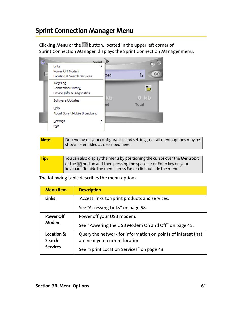 Sprintconnection manager menu, Sprint connection manager menu | Sprint Nextel 595U User Manual | Page 69 / 178