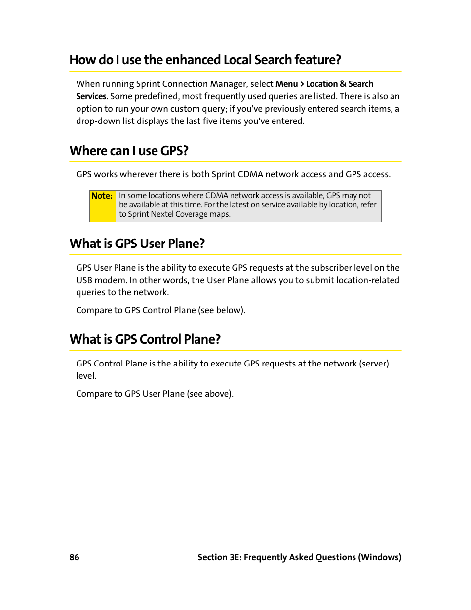 How do i use the enhanced local search feature, Where can i use gps, What is gps user plane | What is gps control plane | Sprint Nextel 595U User Manual | Page 94 / 178