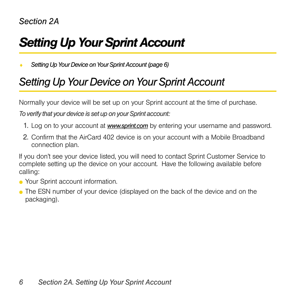 Setting up your sprint account, Setting up your device on your sprint account, 2a. setting up your sprint account | Sprint Nextel AIRCARD 402 User Manual | Page 12 / 48