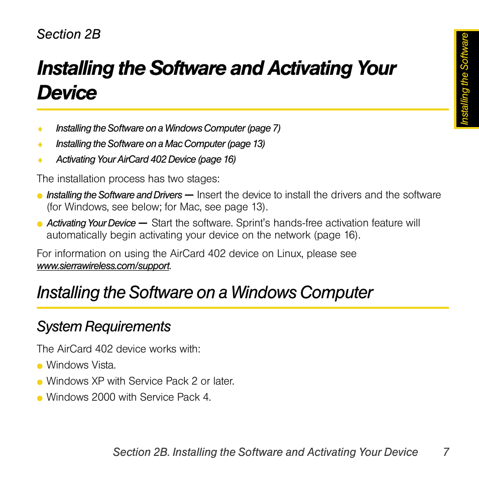 Installing the software and activating your device, Installing the software on a windows computer, System requirements | Sprint Nextel AIRCARD 402 User Manual | Page 13 / 48