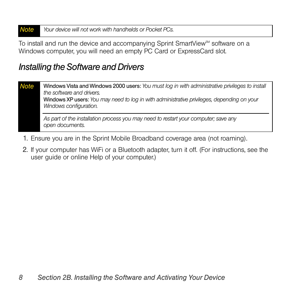 Installing the software and drivers | Sprint Nextel AIRCARD 402 User Manual | Page 14 / 48
