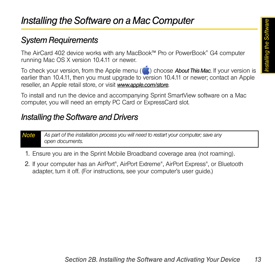 Installing the software on a mac computer, System requirements, Installing the software and drivers | Sprint Nextel AIRCARD 402 User Manual | Page 19 / 48