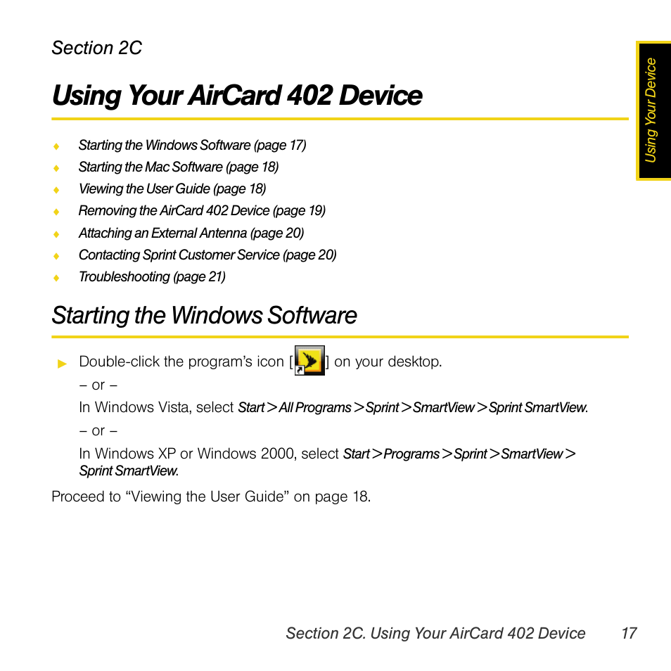 Using your aircard 402 device, Starting the windows software, 2c. using your aircard 402 device | Sprint Nextel AIRCARD 402 User Manual | Page 23 / 48