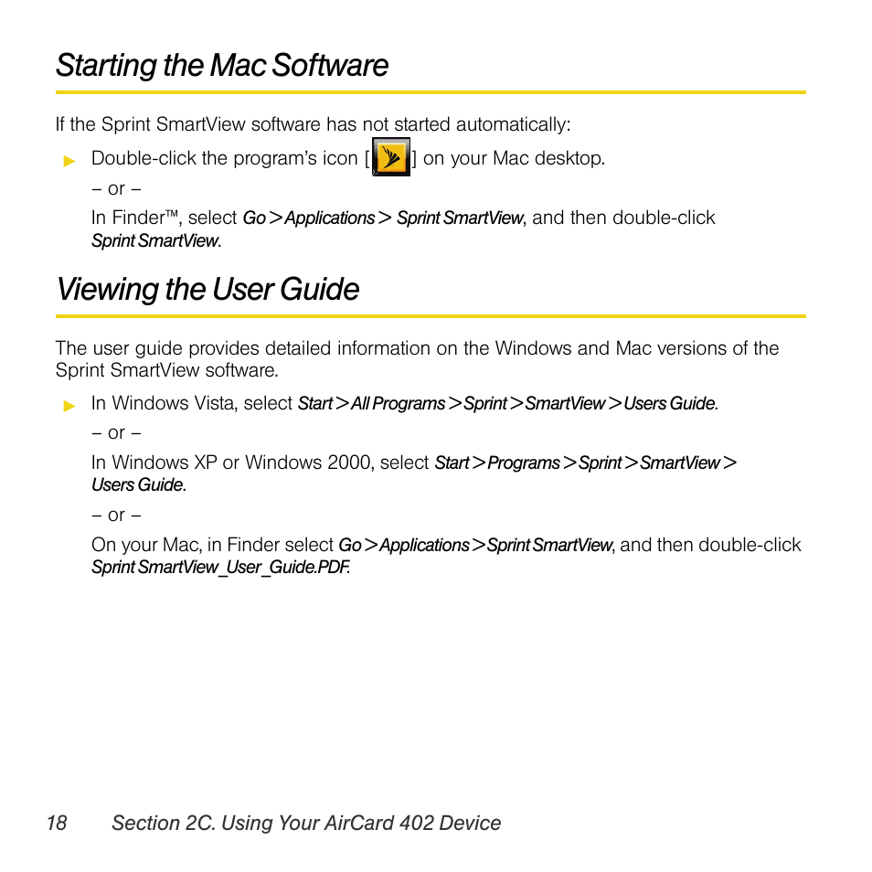 Starting the mac software, Viewing the user guide | Sprint Nextel AIRCARD 402 User Manual | Page 24 / 48