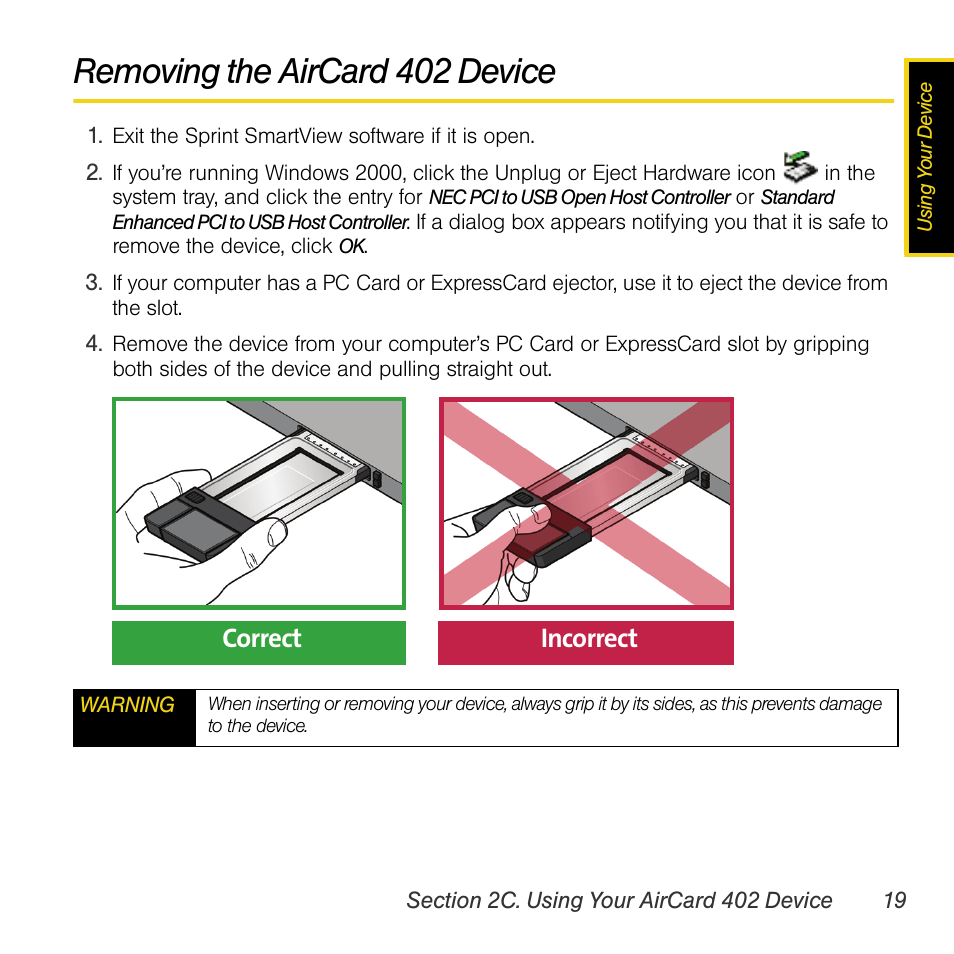 Removing the aircard 402 device, Correct incorrect | Sprint Nextel AIRCARD 402 User Manual | Page 25 / 48