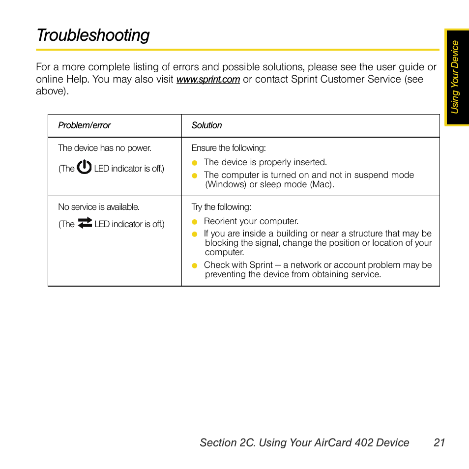 Troubleshooting | Sprint Nextel AIRCARD 402 User Manual | Page 27 / 48