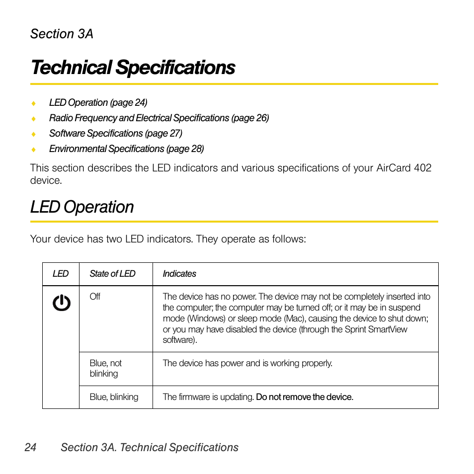 Technical specifications, Led operation, 3a. technical specifications | Sprint Nextel AIRCARD 402 User Manual | Page 30 / 48