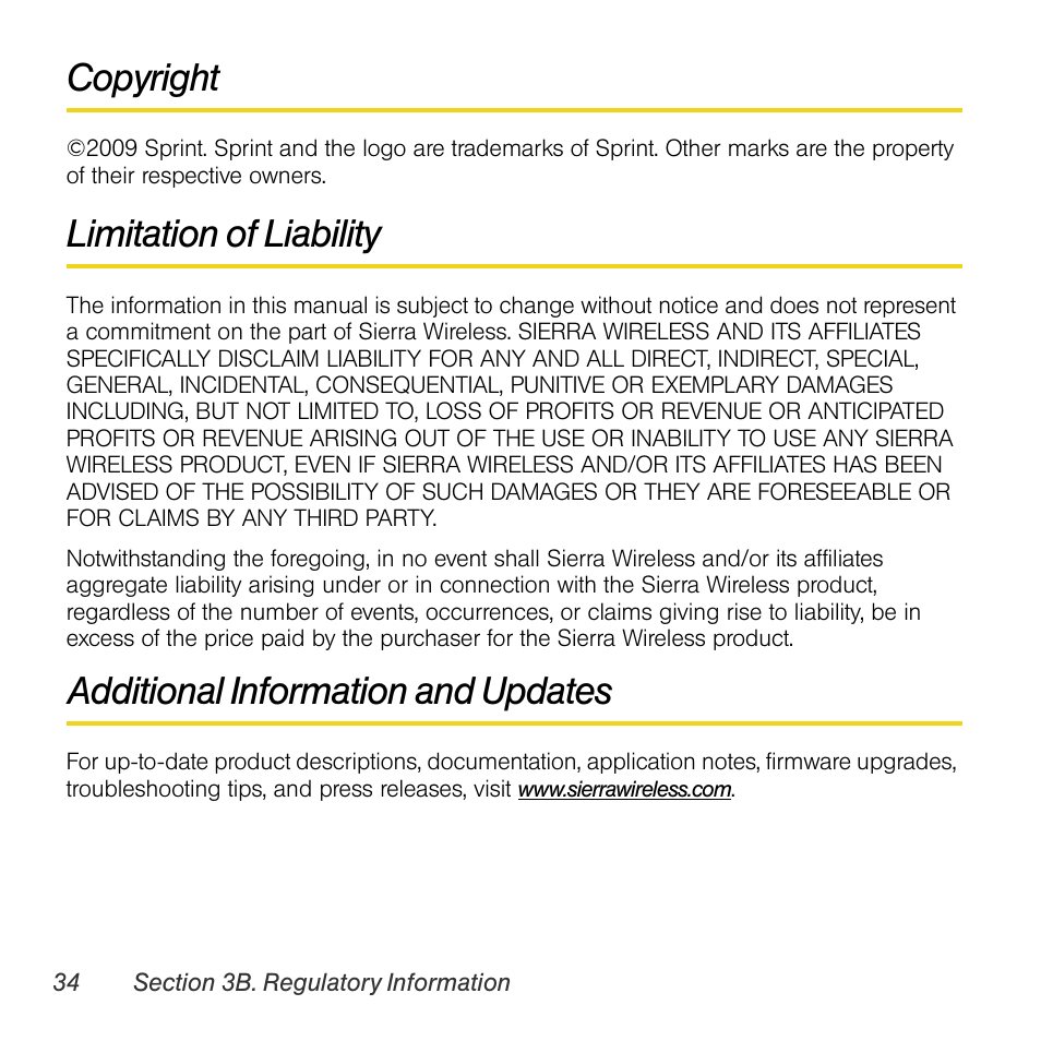 Copyright, Limitation of liability, Additional information and updates | Sprint Nextel AIRCARD 402 User Manual | Page 40 / 48