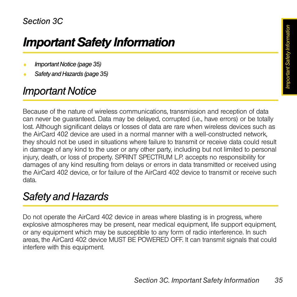 Important safety information, Important notice, Safety and hazards | 3c. important safety information | Sprint Nextel AIRCARD 402 User Manual | Page 41 / 48